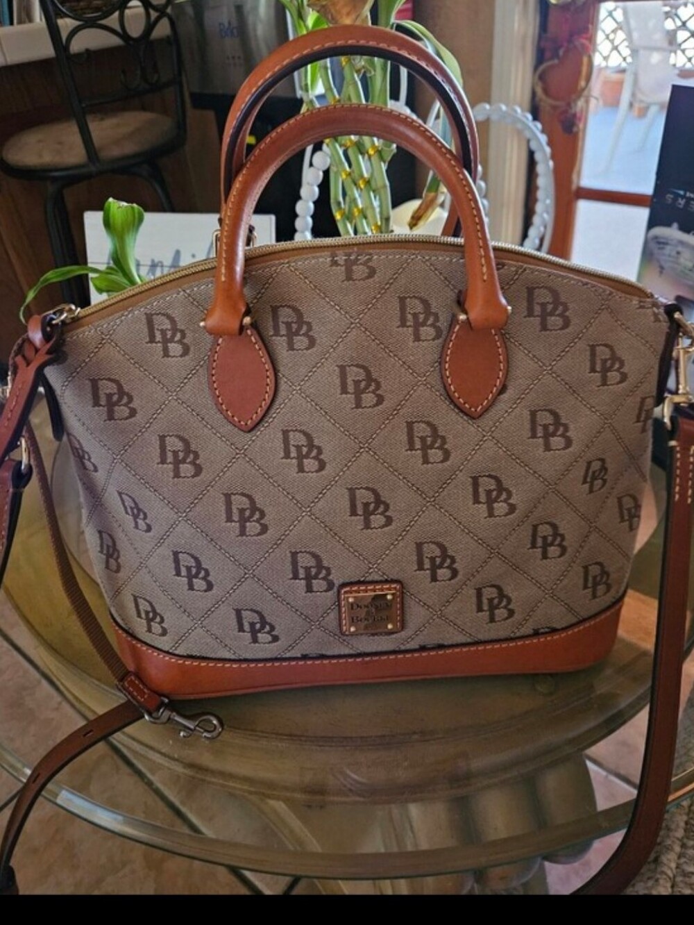 Dooney & Bourke 2-Way Beautiful Tan Genuine Leather Logo-Print Satchel